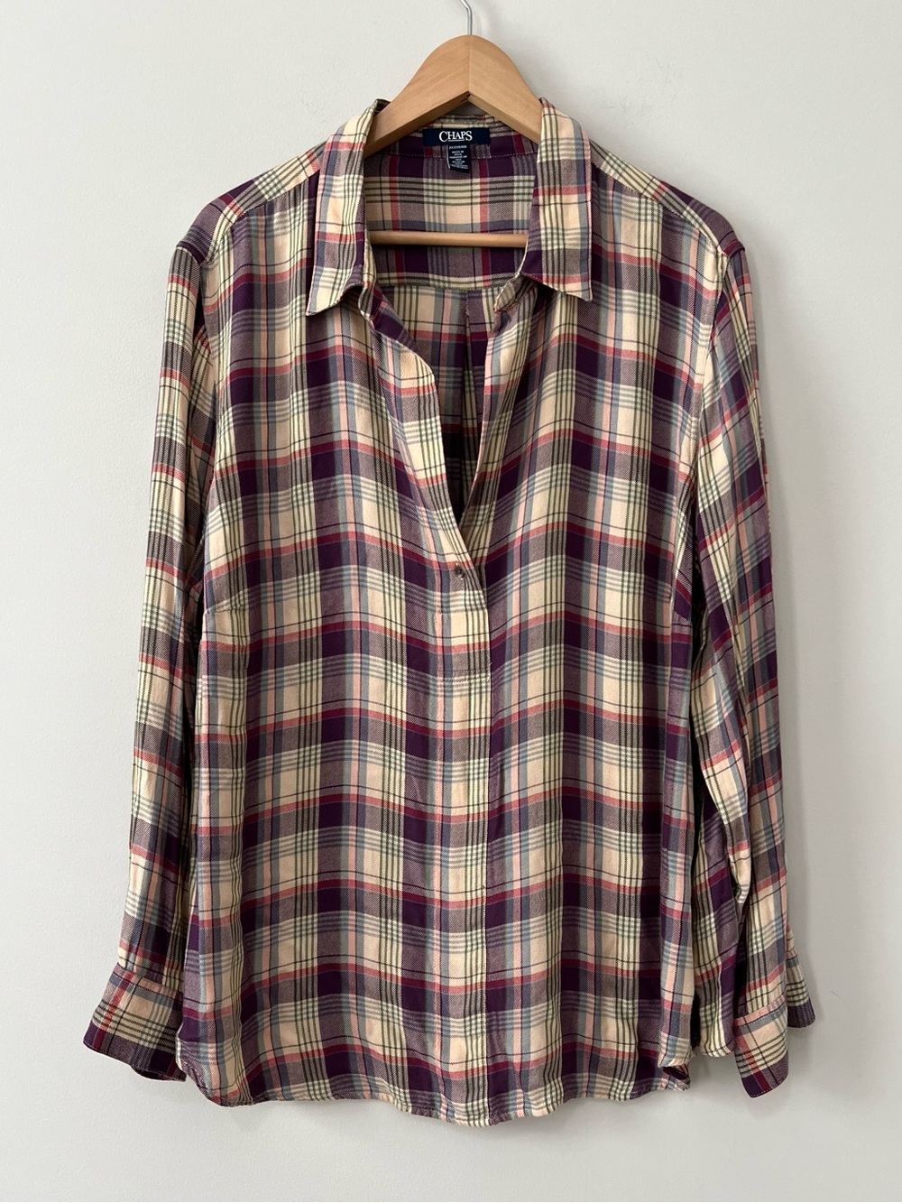 Chaps Plaid V-Neck Long Sleeve Blouse Top 2X Plus Size Purple Tan SOFT